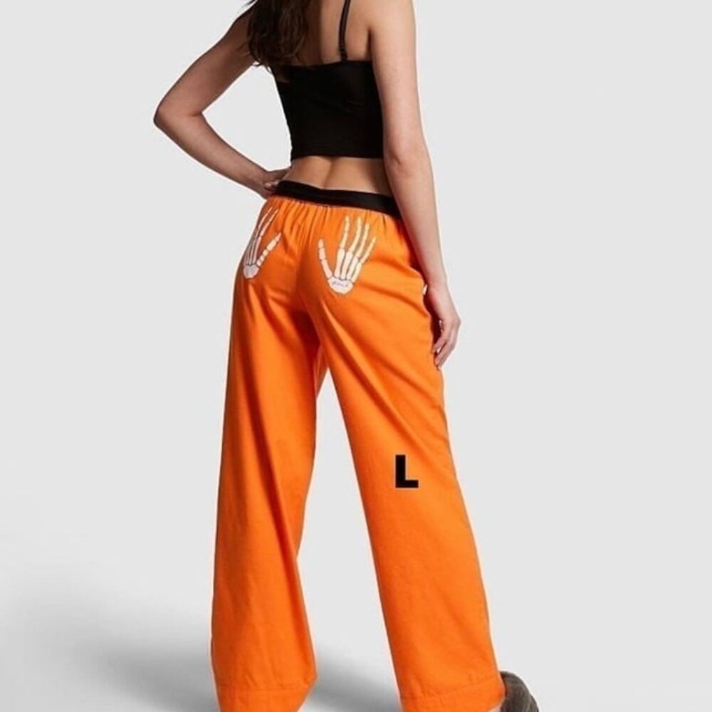 victoria secrets PINK PJ FLANNEL PANTS “HANDSIE” HALOGEN ORANGE SIZE LARGE - Picture 1 of 9
